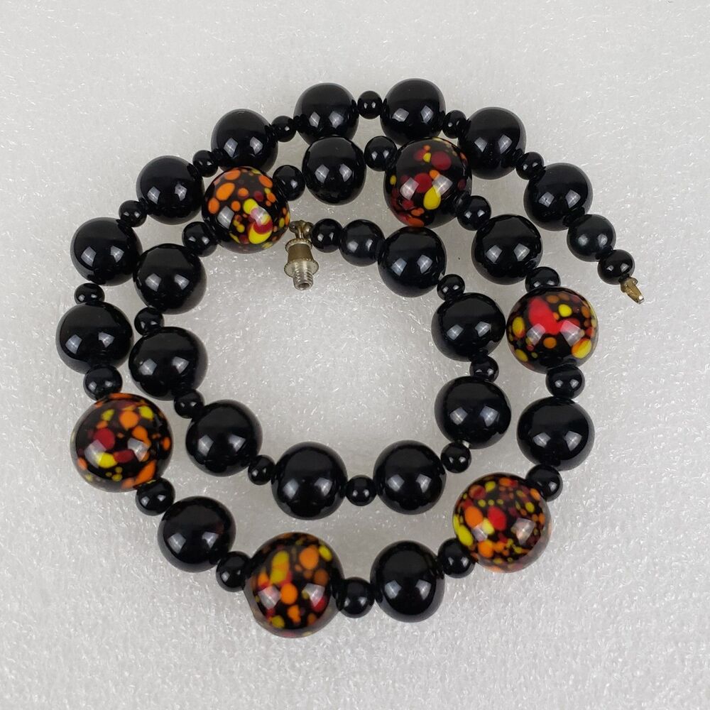 Lampwork Confetti Black Glass Bead Necklace 18.5" Vintage
